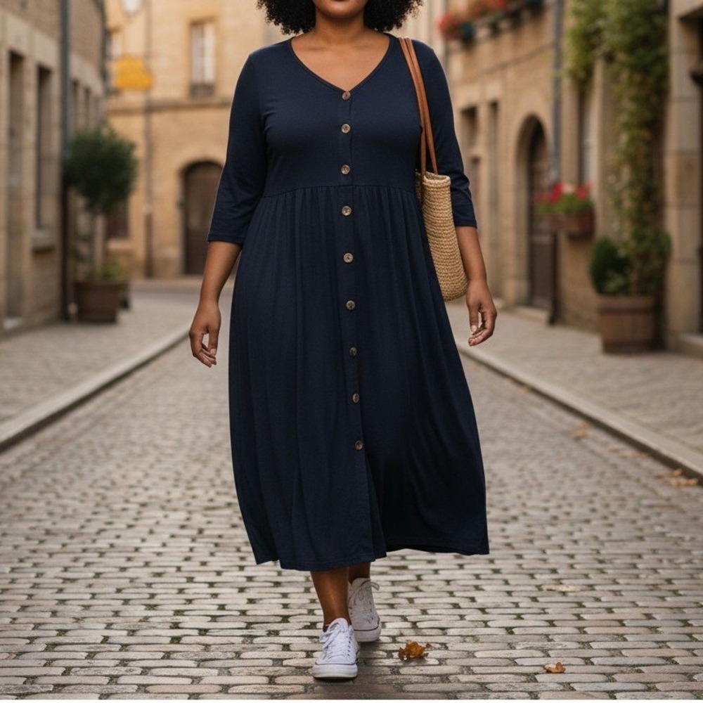 Navy Blue‎ Womens 14 Midi Dress Office Chic Prairiecore Boho Minimalist Pockets